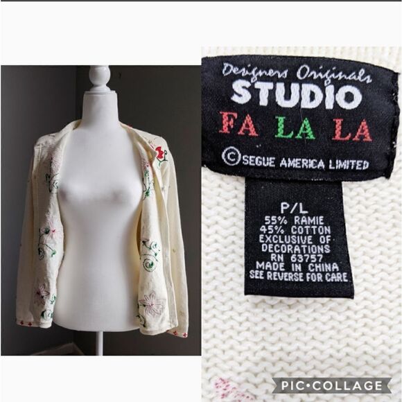 Ugly Christmas Beaded Embroidered Holiday Poinsettia Cardigan Size LP - Picture 8 of 8